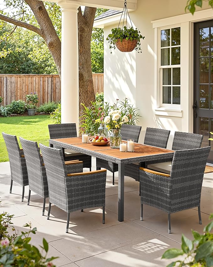 Flamaker 9 Piece Patio Dining Set Outdoor Acacia Wood Table and Chairs with Soft Cushions Wicker Patio Furniture for Deck, Backyard, Garden (Grey)