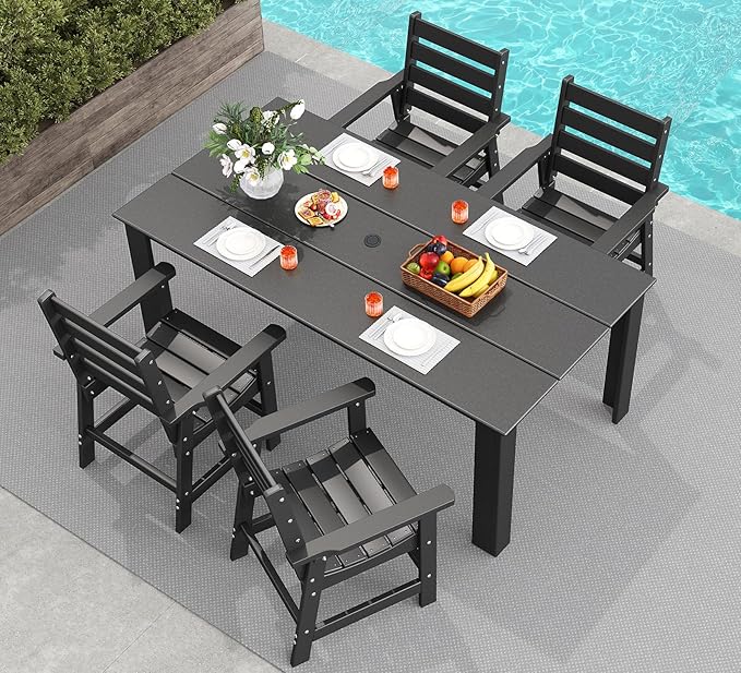 GREENVINES 5-Piece Outdoor Dining Set | HDPE | Patio Table and Chairs Sets for 4 | Patio Furniture | All Weather | Umbrella Hole | Black | for Backyard Poolside Garden