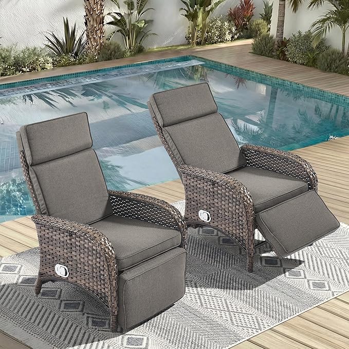 Zero Gravity Wicker Patio Recliner Chairs Set of 2 - Wicker Outdoor Lounge Chair with Adjustable Backrest & Footrest, All Weather Outdoor Reclining Chairs with Thick Cushion for Pool Deck Grey