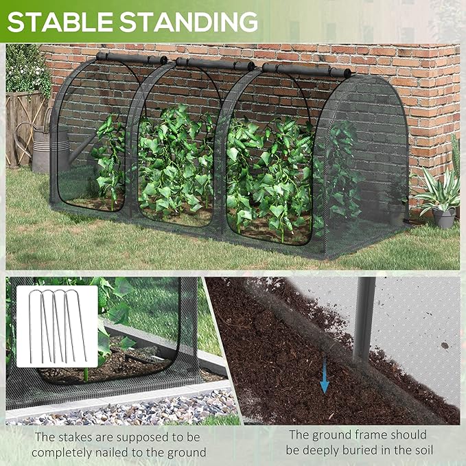 Outsunny 9' x 4' Crop Cage, Plant Protection Tent with Three Zippered Doors, Storage Bag and 4 Ground Stakes, for Garden, Yard, Lawn, Black