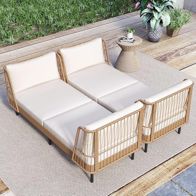 Tangkula Patio Rattan Daybed, Boho Outdoor Wicker Lounge Sofa with Seat & Back Cushions, 2-Seat Bench Sun Lounger Chair with Robust Metal Legs for Deck, Backyard, Porch, Poolside (1, Off White)