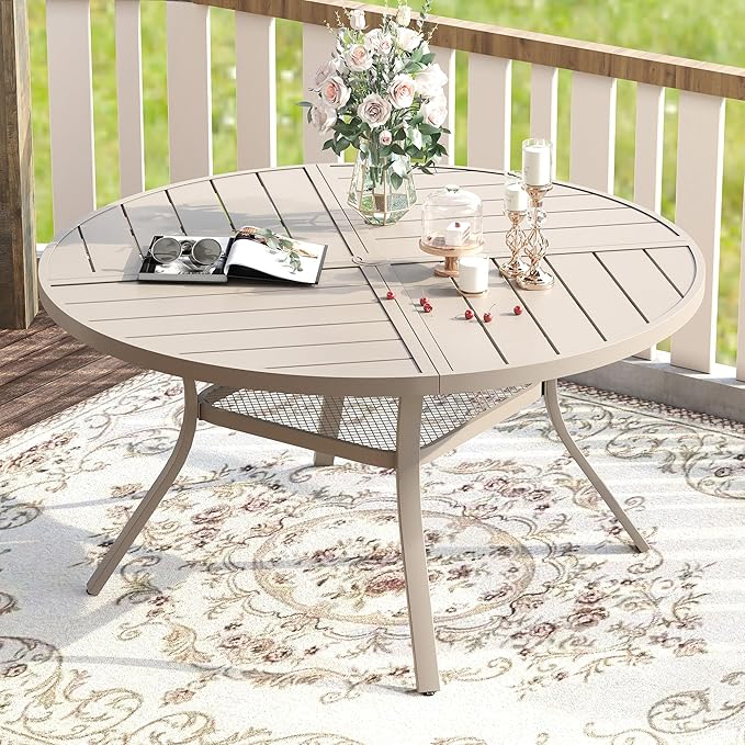 VICLLAX Round Patio Table with Adjustable Umbrella Hole for 6, All Weather Metal Outdoor Dining Table for Lawn Garden, 47.2" Outdoor Coffee Table, Cream Color Frame