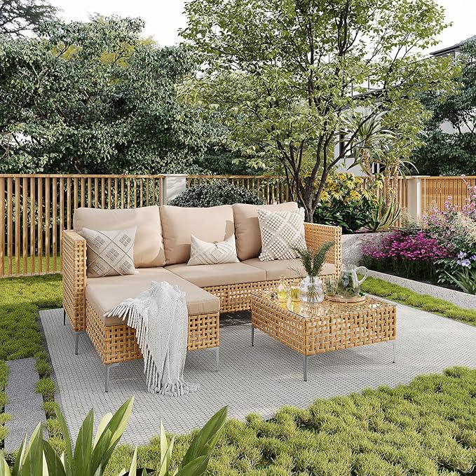 3-Piece L-Shaped Patio Furniture Set - Weather Resistant Wicker Sectional Sofa with Thick Cushions & Coffee Table for Small Spaces (Yellow/Beige)