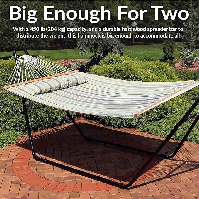 Sunnydaze Quilted Outdoor Hammock with Spreader Bars - Heavy-Duty 450-Pound Capacity Double Hammock for Outside - Khaki Stripe