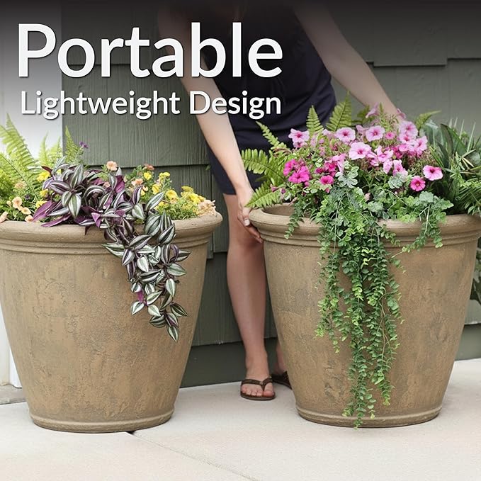 Sunnydaze 24-Inch Anjelica Large Plastic Pot for Plants - Outdoor Double-Walled Large Plastic Planter with Drillable Drainage Holes - Beige - 2pk