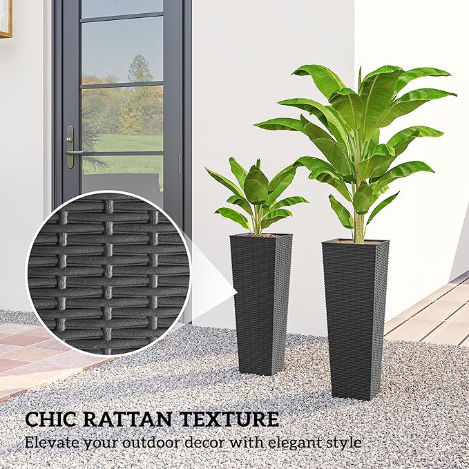 Outsunny 23.6 Inch Tall Planters for Outdoor Plants, Set of 2 Plastic Rattan-Like Flower Pots with Drainage Holes, Stackable Tapered Planters for Indoor Plants, Front Porch, Black