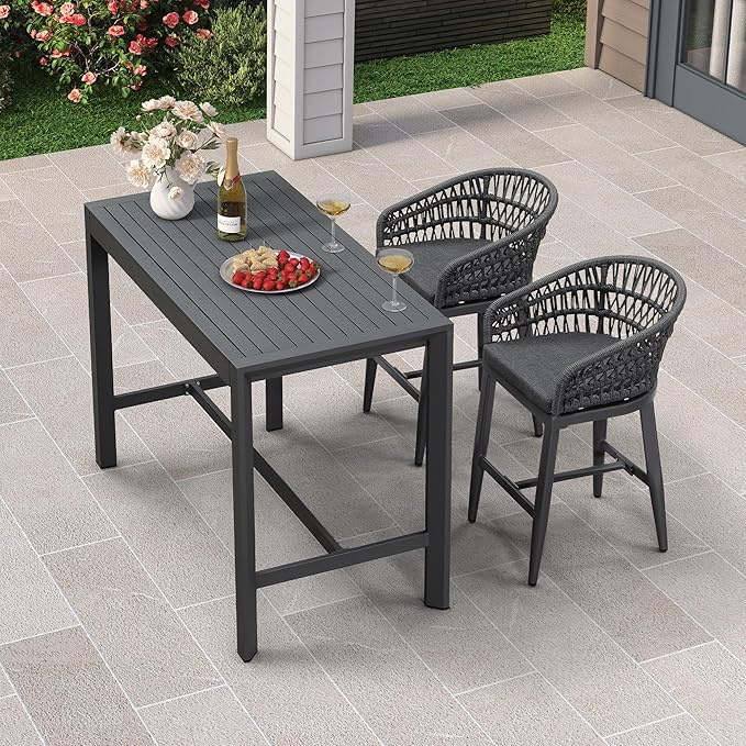 PURPLE LEAF Outdoor Rattan 24" Counter Height Bar Stools Chair Set of 2, Modern Upholstered Patio Bar Stool with Backrest for Indoor and Outdoor, Kitchen Island, Grey