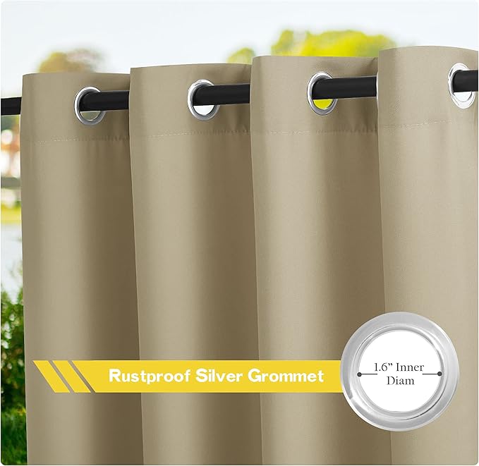 NICETOWN 2 Panels Outdoor Curtains for Patio Waterproof, Stainless Steel Grommet Indoor Outdoor Vertical Outside Weatherproof Drapes for Front Porch & Canvas, W55 x L84, Taupe