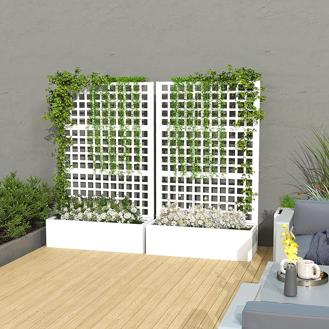 Outsunny Galvanized Raised Garden Bed with Trellis, Metal Planter Box with Drainage Holes, Outdoor Privacy Screen for Climbing Plants, Vegetable, Vines, 43" x 16" x 70", 2 Pack, White