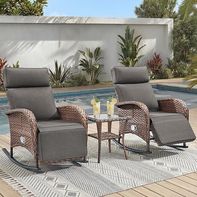 3 Pieces Zero Gravity Wicker Patio Rocking Recliner Chairs Set of 2 - Wicker Outdoor Lounge Chair with Side Table, Adjustable Backrest & Footrest, High Back Outdoor Recliner Chair for Pool Deck Gray
