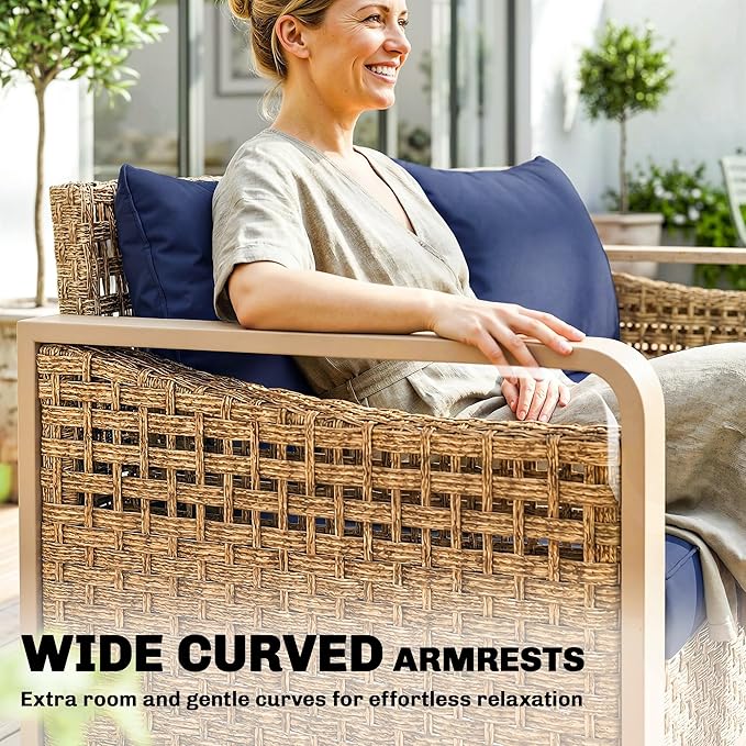 Outsunny Outdoor Patio Couch with Wide and Deep Seat, 3 Seater Wicker Outdoor Sofa with Wide Metal Armrests, Patio Furniture Couch with Cushions for Porch, Garden, Backyard, Dark Blue | Removable Covers