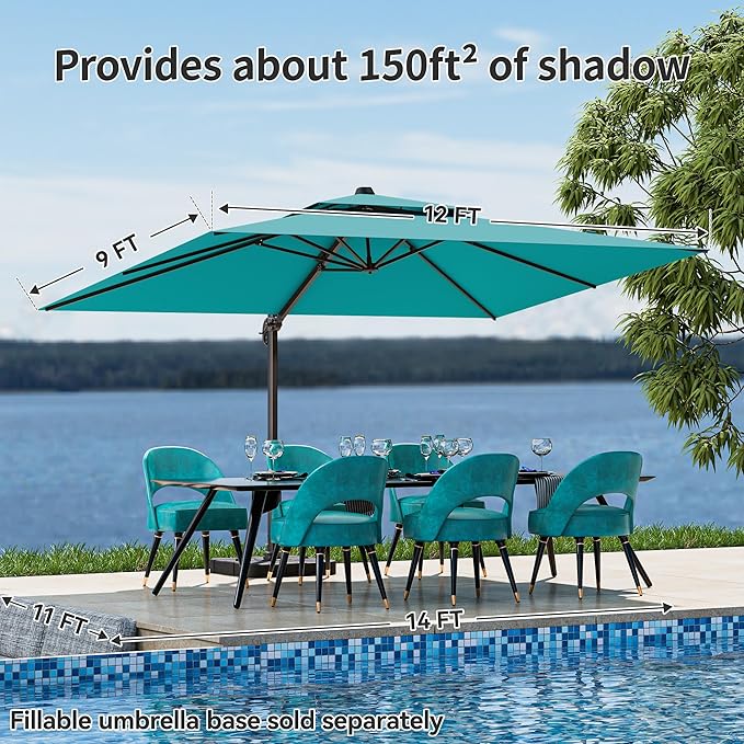 9x12FT Cantilever Patio Umbrella - Heavy Duty Double Layer Offset Design with 360° Rotation, Large Rectangle Umbrella for Garden, Deck, Pool, Backyard, Turquoise