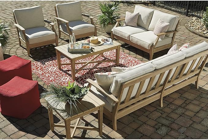 Signature Design by Ashley Clare View Outdoor Patio Sofa, 4 Throw Pillows, Nuvella Weather Resistant Fabric, Eucalyptus Wood, 81" W x 35" D x 32" H, Beige