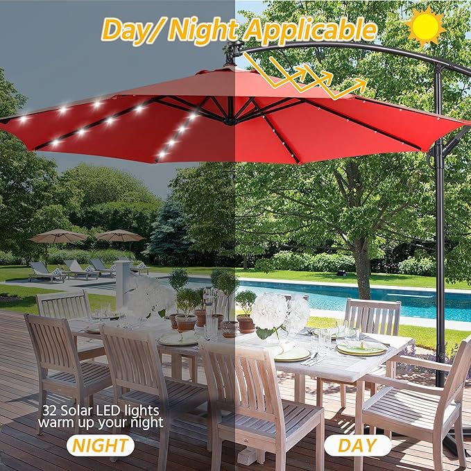 Yaheetech 10FT Solar Offset Umbrella with 32 LED Lights Cantilever Hanging Outdoor Umbrellas Handy Crank & Cross Base for Lawn/Deck/Backyard/Pool Red