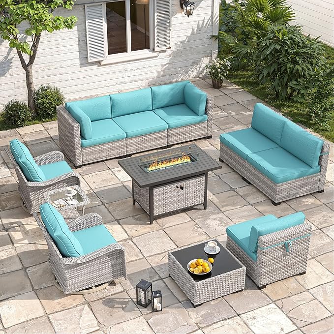 8-Seat Outdoor Wicker Patio Furniture Set with Fire Pit Table, Modular Rattan Sectional Sofa & 2 Swivel Rocking Chairs, 4" Thick Cushions, Rust-Resistant Frame,Blue