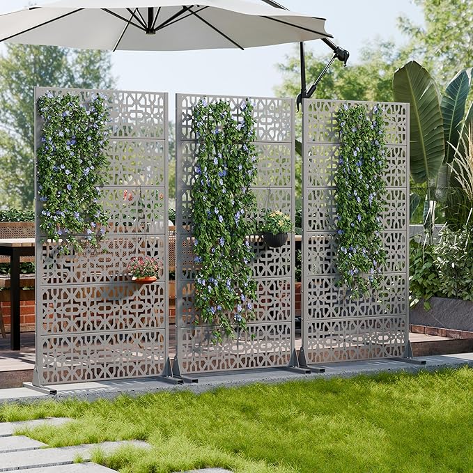 Casaphoria Metal Privacy Screen Outdoor, 72" H x 35" W Freestanding Decorative Privacy Screen for Patio Deck Balcony Garden with Stable Base, Grey-Perilla