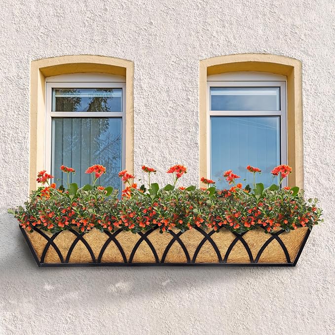 30 Inch Window Deck with Coco Liner Set of 4, 30" Window Boxes Horse Trough with Coconut Coir Liner, Metal Hanging Flower Planter Basket Deck Railing Planter Boxes for Outdoor Indoor Lawn