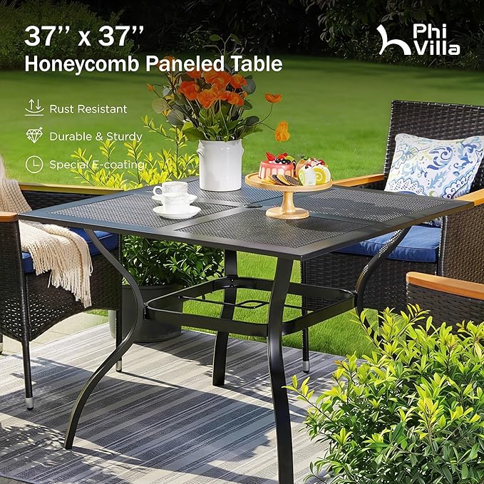 PHI VILLA 37 Inch Outdoor Dining Table Metal Steel Mesh Patio Dining Table Umbrella Table with 1.57" Umbrella Hole (Mesh)