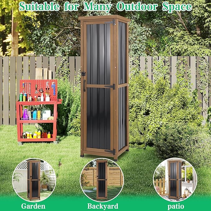 Outdoor Storage Cabinet Weatherproof, Tall Wood Garden Potting Bench Table with Removable Shelves, Metal Top, Outdoor Patio Cabinet Work Station for Tool Accessories,17.8''x17.8''x62''