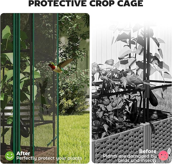 Outsunny Raised Garden Bed with Trellis, 46.5" Tomato Cage with Crop Cage, Self Watering Planter Box with Drainage Holes and Plugs for Outdoor Patio Climbing Plants, Vines, Vegetables, Flowers, Green