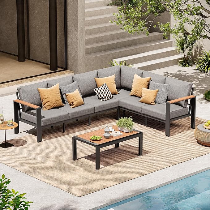 Aluminum Outdoor Patio Furniture Set 6 Seats, Outdoor Sectional Corner Sofa with Thick Waterproof Cushions & Coffee Table, Patio Conversation Sets for Backyard, Porch, Balcony, Deck, Gray