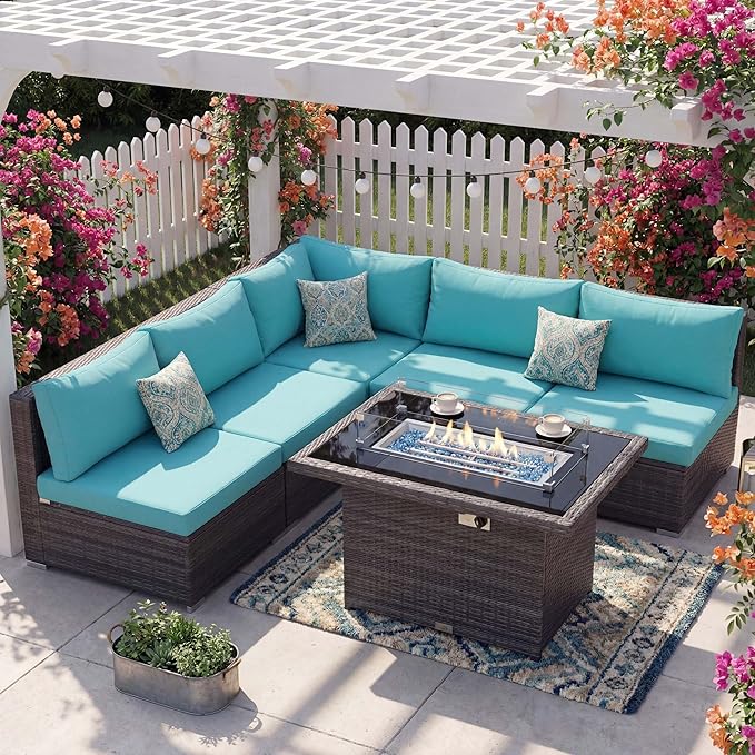 NICESOUL 6 Piece L Shaped Patio Furniture Set with Fire Pit Natural Gas/Propane, 29.3'' High Back Comfy Outdoor Conversations for Outside, Big Size Deep Wide Couches, 2 Color Cushion Turquoise & Grey