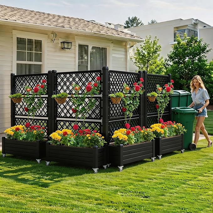 YITAHOME 3.6x1.5x5 FT Planter Box Trellis with Wheels, Large Outdoor Plastic Raised Garden Bed with Drain Plug for Climbing Plants, Black