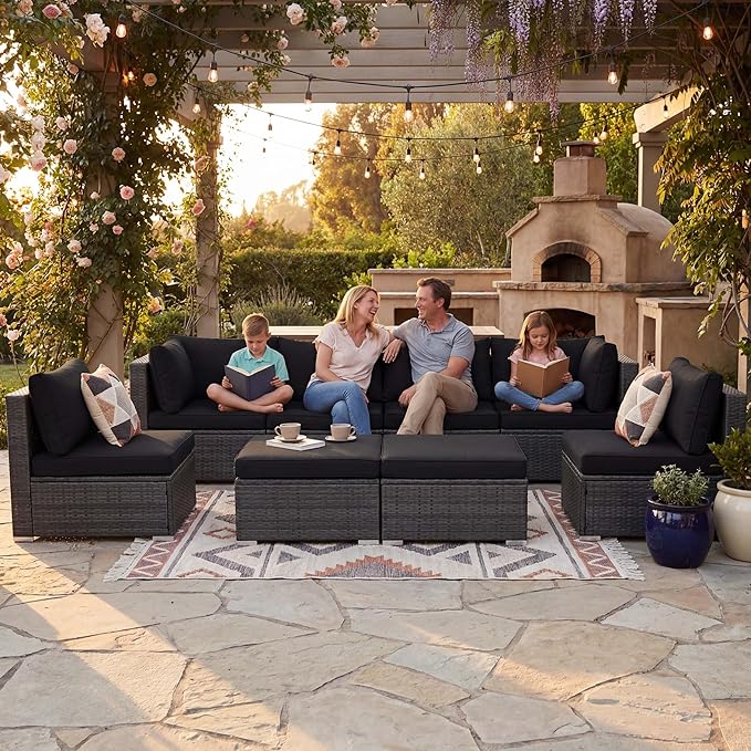 NICESOUL 8 Piece Outdoor Patio Set, 29.3'' High Back Extra Large Wicker Patio Furniture, Deep Seating Comfy L Shaped Modular Sectional Set of 8, Modern Wide Conversation, 2 Color Cushion Black & Gray