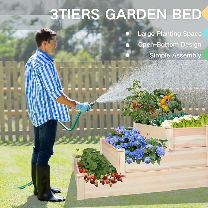 3-Tier Raised Garden Bed with Fabric Liner, Wood Elevated Planter Box with Dovetail Joint Design, 3 Dividable Bed Kit for Vegetables/Herbs/Flowers, Outdoor Gardening for Patio, Lawn, Balcony