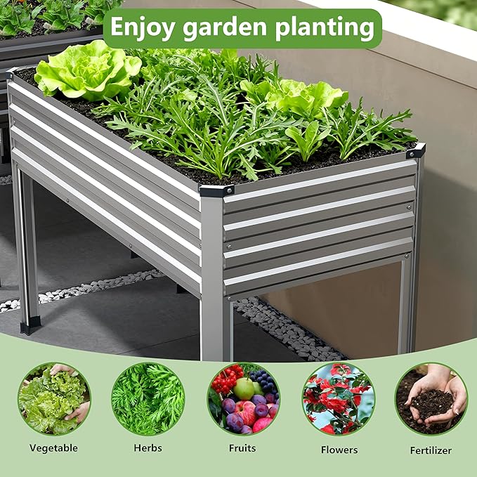 48×24×30in Galvanized Raised Garden Bed,Metal Elevated Planter Box with Legs for Patio,Balcony,Backyard,300lb Capacity,Silver