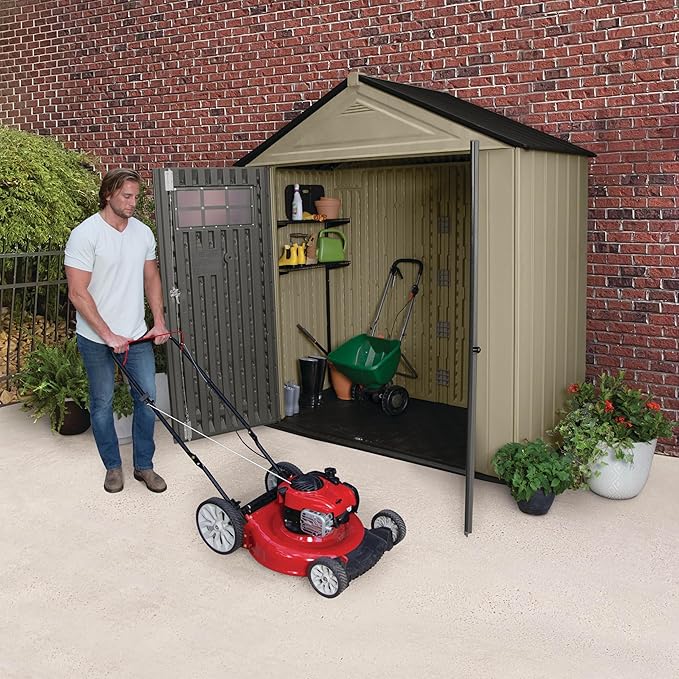 Rubbermaid Resin Outdoor Storage Shed With Floor (7 x 3.5 Ft) Weather Resistant, Brown Gable, Organization for Home/Backyard/Garden Tools/Lawn Mower/Bike Storage/Pool Supplies