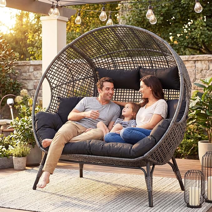 NICESOUL® Double Egg Chair Indoor Outdoor Stationary Oversized 6.5" Thick Padded Cushions,2 Person Egg Wicker Loveseat Chair,680 lbs Extra Large Lounge Chair for Patio Balcony Porch Backyard Gray