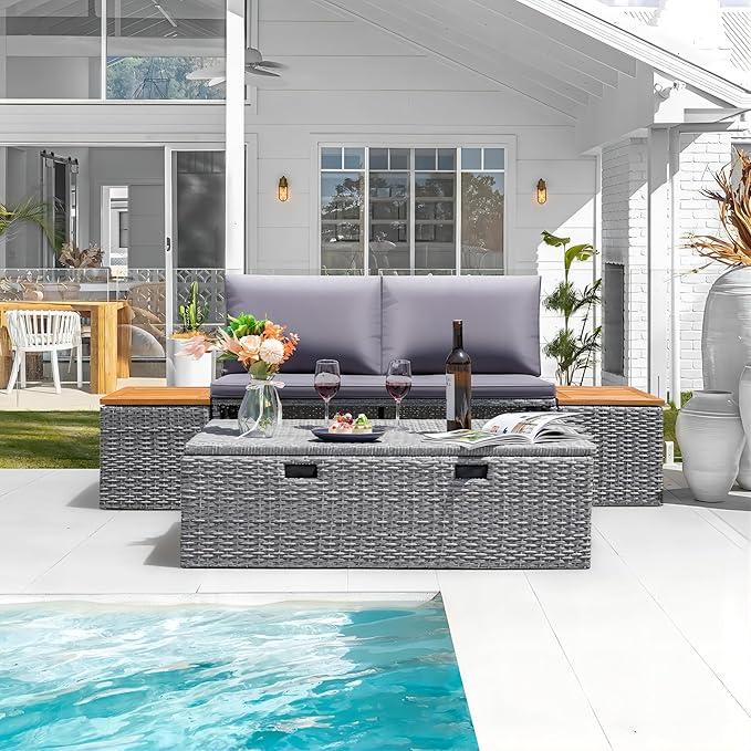 Greesum Outdoor Daybed Set Multifunctional Wicker Lounge Bed Furniture with Two Side Tables, Cushions, Storage Bench for Porch Lawn Patio Beach, OneSize, Gray