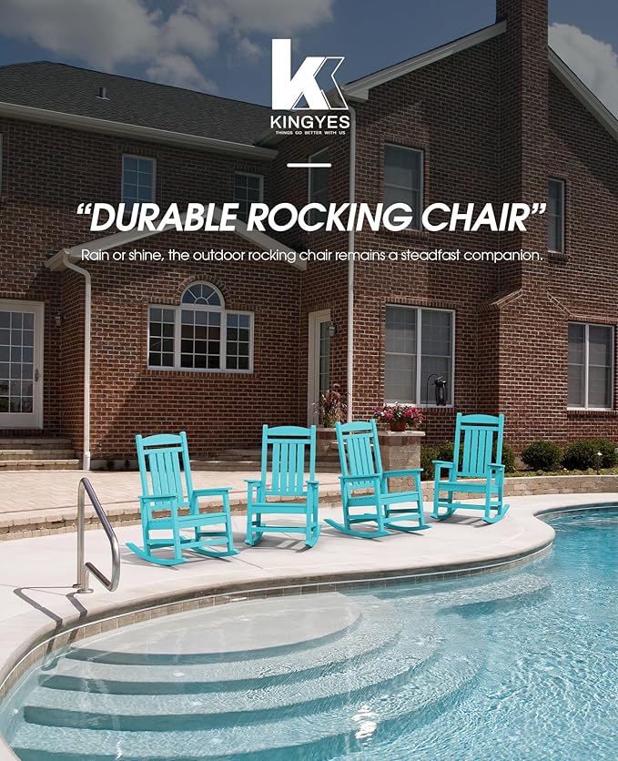 KINGYES Outdoor Rocking Chair Set of 2, High Density Polyethylene Patio Rocking Chairs with 330lbs Support for Adults, Aruba Blue