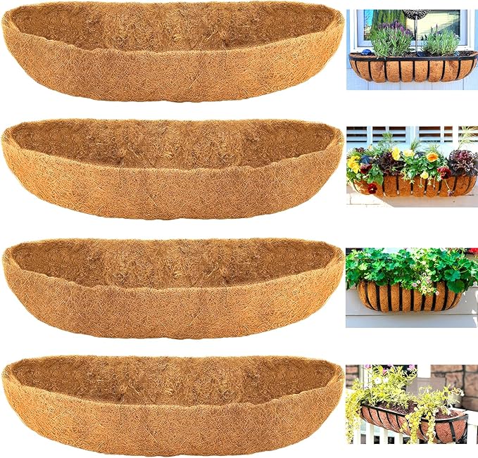 Coco Liners for Planters - 4 Pack 24 Inch Trough Coconut Liners for Planters, Window Box Coco Liners, 100% Natural Coconut Fiber Liners for Wall Hanging Basket, Window Box, Fence Baskets
