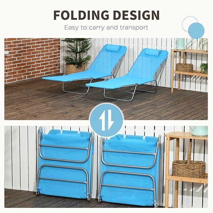 Outsunny 2 Piece Folding Chaise Lounge Chairs, Pool Sun Tanning Chairs with Reclining Back, Breathable Mesh Seat, Headrest for Beach, Yard, Patio, Blue