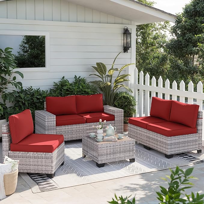 6-Piece Outdoor Patio Furniture Set Wicker Sectional Sofa Set, Patio Conversation Set with Thickened Cushions & Coffee Table for Garden, Backyard, Poolside, Red