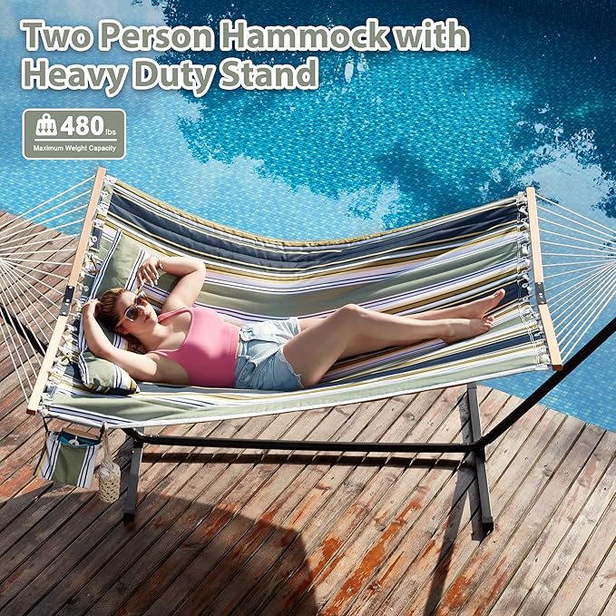 Two Person Hammock with Stand for Outside Heavy Duty, Outdoor Patio Hammock with Portable Steel Stand, Large Double Hammocks,480lbs Capacity.(Grey Stripes)
