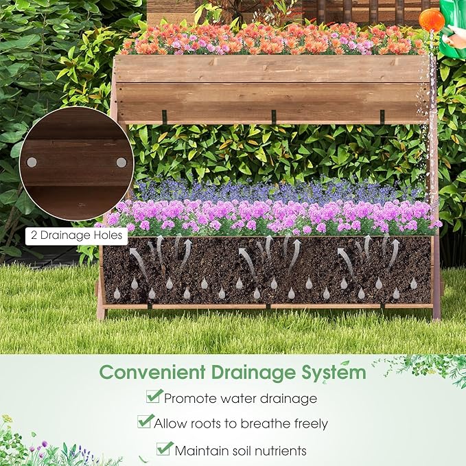 Giantex Vertical Raised Garden Bed, 3 Large Wood Planter Boxes for Flower Vegetable Fruit Herb, Freestanding Planter with Drain Holes, Elevated Raised Beds for Indoor Outdoor Lawn Patio Yard, Brown