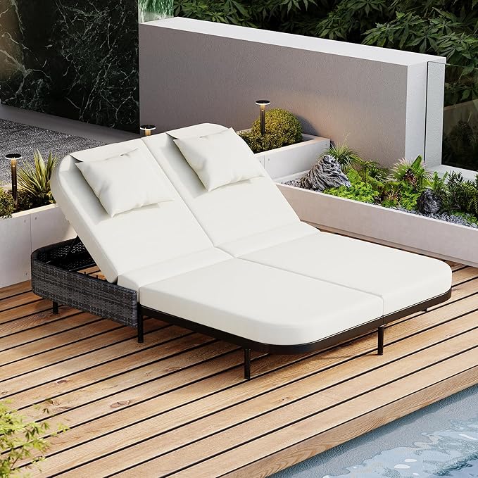 Merax Outdoor Daybed,Patio Rattan Daybed with Adjustable Backrest,Patio Wicker Loveseat Lounger,Outdoor Bed Loveseat Sofa Set with Pillows and Cushions for Garden, Backyard, Poolside,Black+Beige