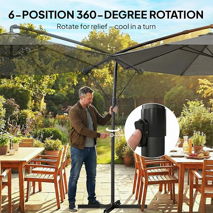 Outsunny 10 ft Offset Patio Umbrella with Cover, Round Hanging Cantilever Umbrella with 6-Position 360° Rotation, Crank Handle, Tilt, Cross Base, Heavy Duty Outdoor Umbrella for Garden