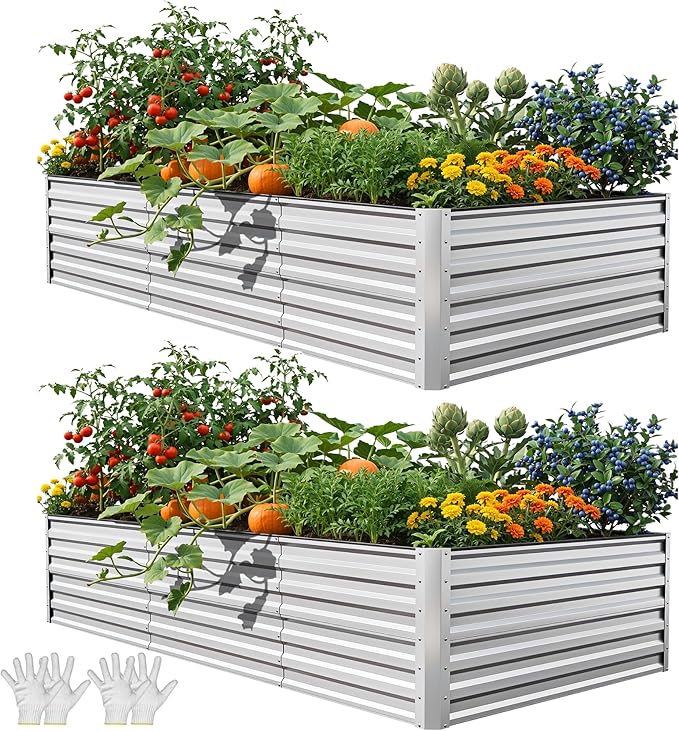 YITAHOME 8x4x2ft 2pcs Large Raised Garden Bed Kit, Galvanized Metal Planter Box with Gloves, Ground Nails & Safety Rubber, Outdoor Above Ground Planters for Plants Vegetables Flowers, Silver