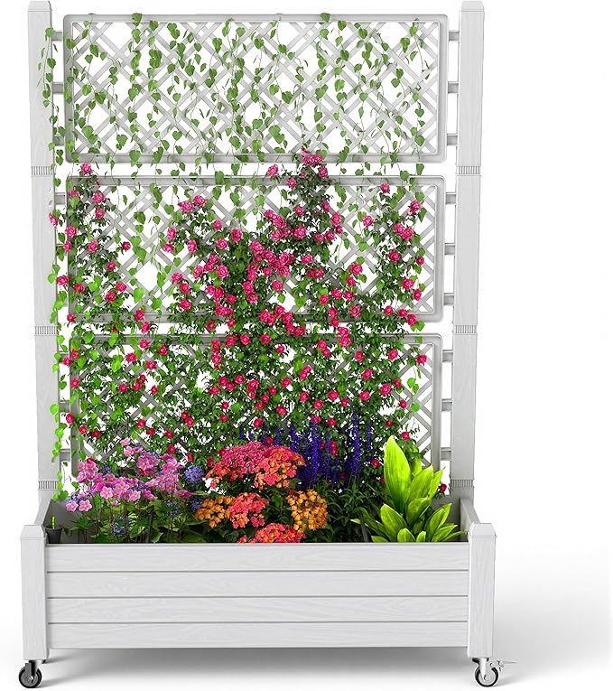 EasyUp Raised Garden Bed with Trellis for Climbing Plants,Outdoor Herb Garden Planter with Drainage Plug and Gauge,Durable Dust-Proof Resin for Garden, Patio, Balcony, and Backyard