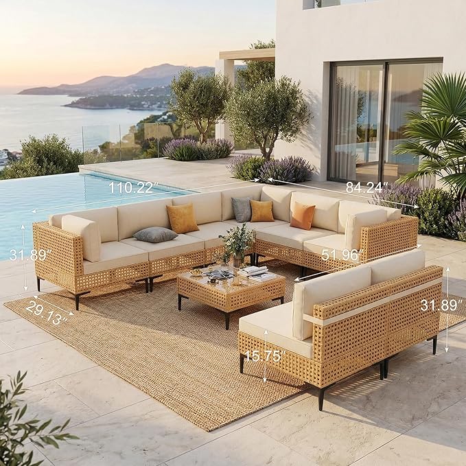 ABCASA Patio Furniture Set, 110" Large 9-Piece Wicker Outdoor Patio Furniture Sets with Anti-Slip Cushions & Coffee Table,Boho Patio Conversation Set Sectional Sofa for Backyard,Porch,Deck,Beige