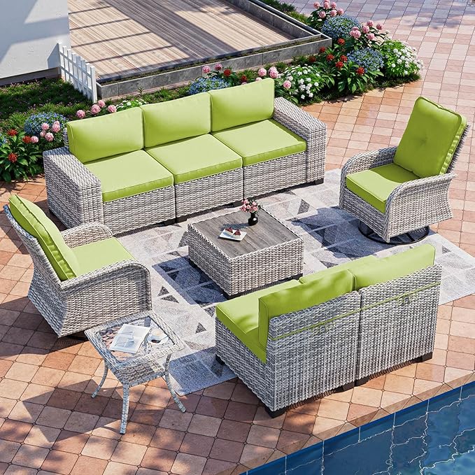 9-Piece Outdoor Patio Furniture Set with Rocking Swivel Chair Wicker Sectional Sofa Set, Patio Conversation Set with Thickened Cushions & Coffee Table for Garden, Backyard, Avocado Green