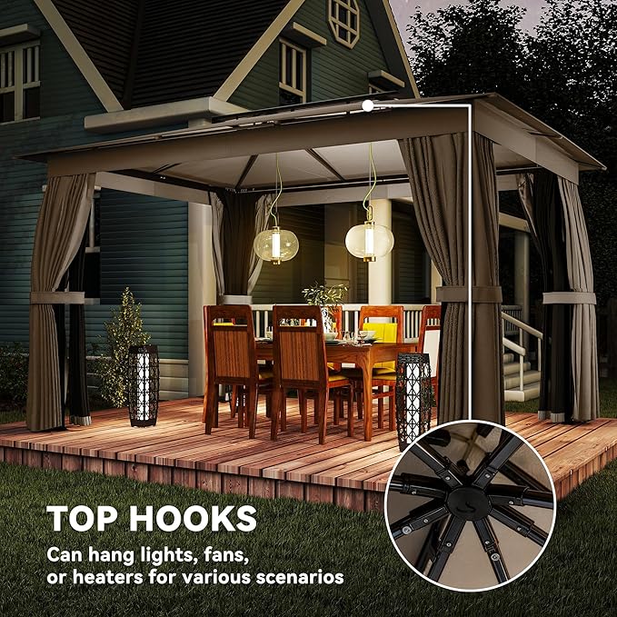 Outsunny 10' x 12' Outdoor Patio Gazebo, Heavy Duty Gazebo Canopy Shelter with Double Roof, Curtains, Netting, Steel Frame, UPF30+ Protection, Ceiling Hooks for Lawn, Backyard, Deck, Khaki