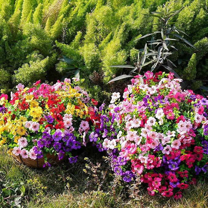 Artificial Flowers for Outdoor, UV Resistant Fake Silk Flowers, Realistic Faux Plants for Outside Indoor Porch Patio Window Box Planter Home Decor (14, Yellow Purple Rosy Pink)