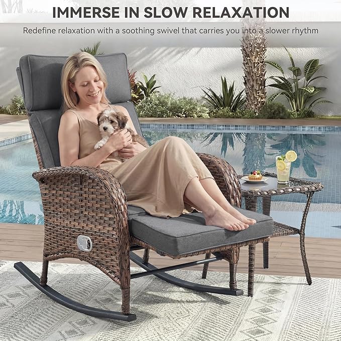 Zero Gravity Patio Rocking Wicker Recliner Chairs Set of 2- Wicker Outdoor Lounge Chair with Adjustable Backrest & Footrest, All Weather Reclining Rocker Chairs with Thick Cushion for Pool Deck Grey