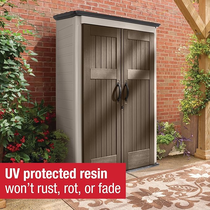 Rubbermaid Vertical Resin Outdoor Storage Shed With Floor (4 x 2.5 Ft) Weather Resistant Brown Organization for Home/Backyard/Garden Tools/Porch/Patio Cushions/Pool Chemicals/Toys