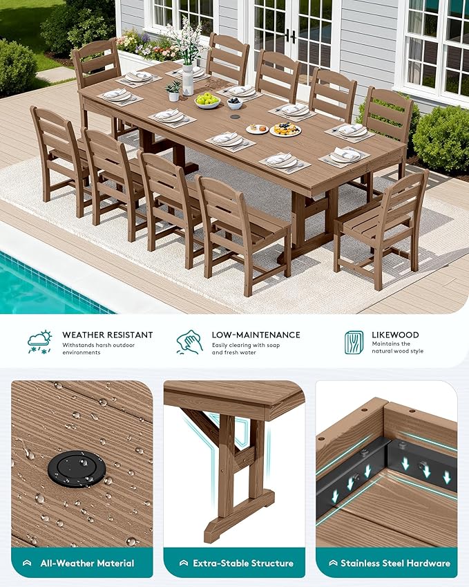 SERWALL 11 Piece Outdoor Dining Set, 84" HDPE Outdoor Large Dining Table and Chairs Set for 10，All Weather Patio Dining Furniture Set with Umbrella Hole for Backyard, Garden, Brown